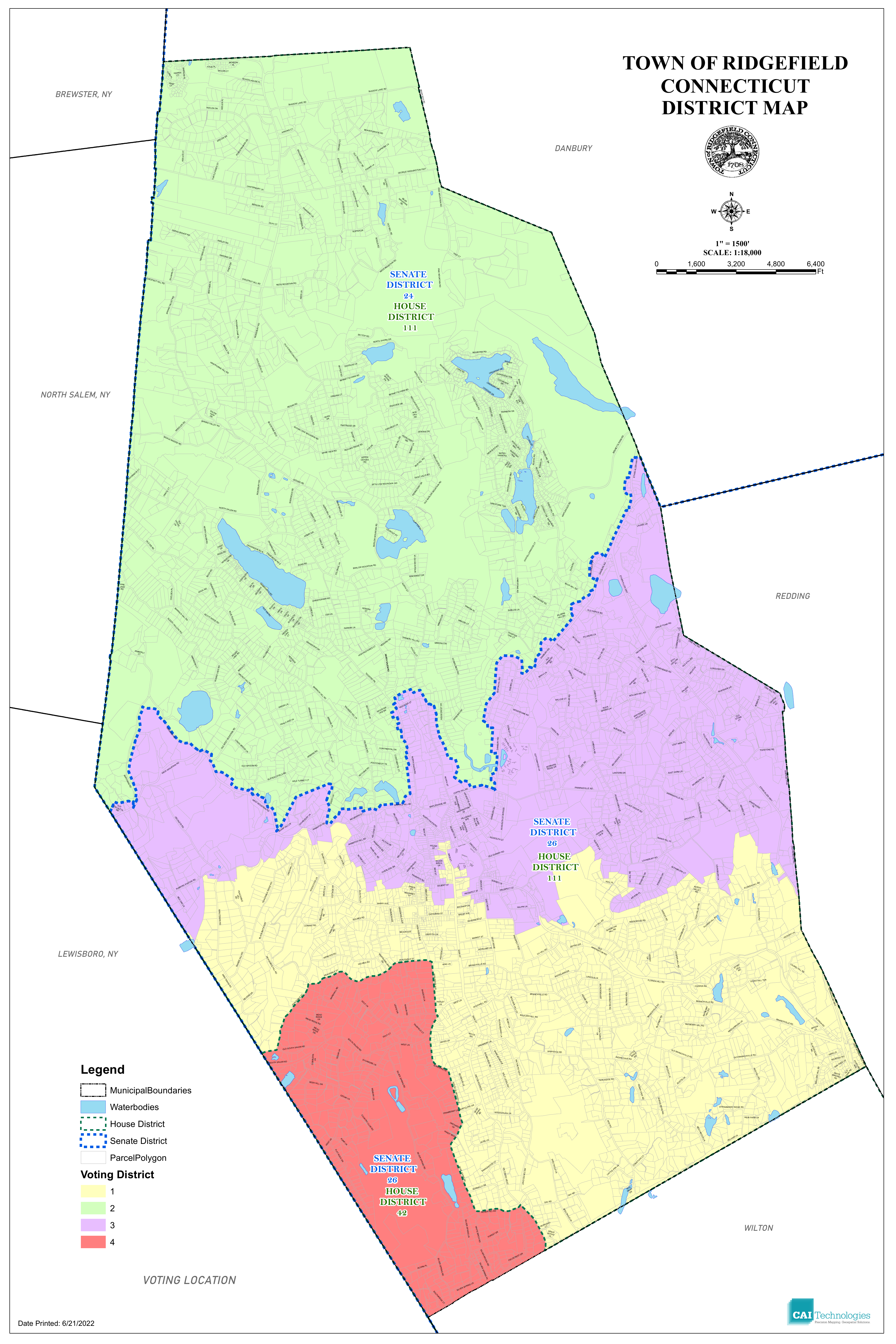 Town of Ridgefield district map showing the four voting districts and state legislative districts